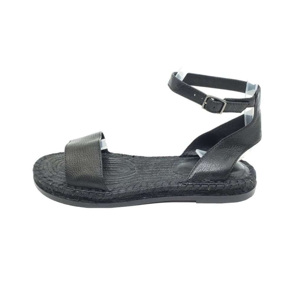 Eileen Fisher Mike Tumbled Black Leather Espadrille Ankle Strap Sandals Size 7.5